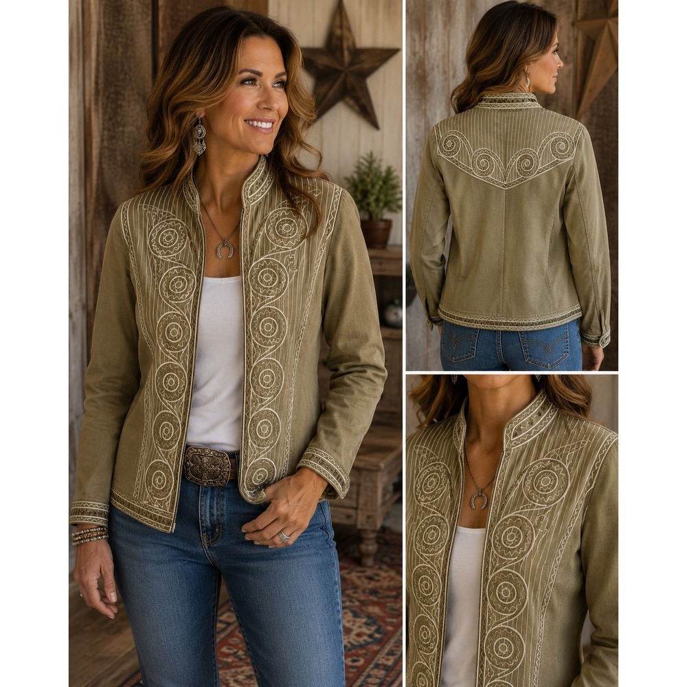 NWT Bob Mackie Wearable Art Jacket Western Southwestern Boho Olive XL